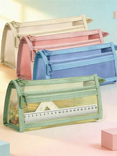 1pc Morandi Plaid Mesh Pencil Case With Handle And Zipper, Transparent Double-Layer Pencil Pouch, Travel Cosmetic Bag, Cute Transparent Stationery Storage Bag, Suitable For Office And University