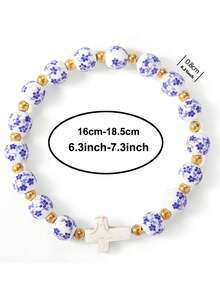 Pulsera con cruz, pulseras con cruz de Jesús para mujeres, pulseras con cuentas con estampado de flores de porcelana azul y blanca, accesorios católicos cristianos para el Día de la Ascensión - Azul - Ver 8