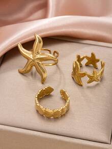 3件套度假风金色戒指套装，包含3D海星和贝壳纹理设计，清新海洋气息，适合女性日常、约会、派对、节日佩戴，亦可作为礼物搭配。 - 金色 - 查看 3