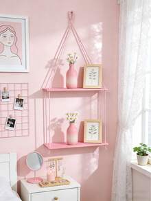 1pc Pink Photo Frame Wall Shelf, Boho Style Hanging Wall Storage Rack For Bedroom, Living Room, Bathroom, Nursery, Dorm, Cute Plant Aesthetic Home Decor, Photo Frame, Vanity, Pink Boho Style Wall Display Shelf For Ladies Room - Multicolor - View 3