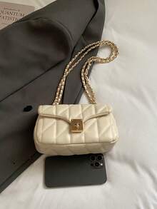 Classic Solid Color Waterproof Fabric Cartoon Pattern Rhombus Patchwork Design Chain Square Bag, Twist Lock Closure, Burgundy Suitable For Travel, Shopping, Work Commute And Party - Beige - View 8