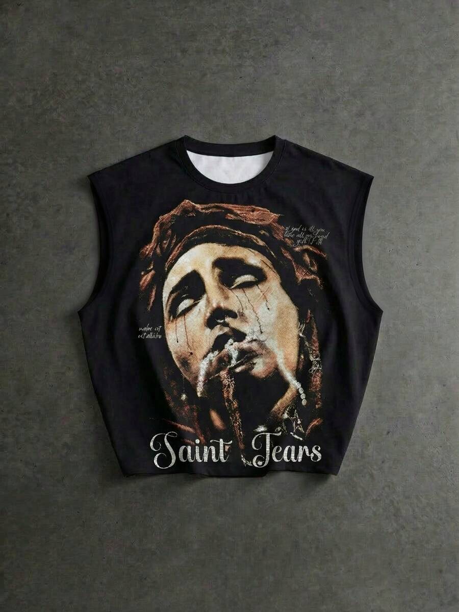 Camiseta de tirantes holgada para hombre con impresión doble cara, con diseños numéricos, de cara llorando y alas de ángel, estilo cargo Y2K, suave y transpirable - Negro - Ver 1
