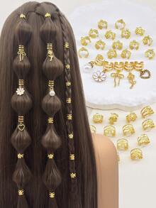 35件套优雅镂空心形蝴蝶结发圈，饰以玫瑰、雏菊和人造珍珠 - 可调节合金发箍，公主风发饰，适合女孩辫子和脏辫 - 金色 - 查看 1