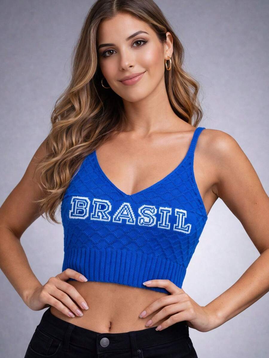 Cropped Tank Top Blouse, Brazil World Cup Fan Club, Core Knit, Cross Stitch, Night, Holiday, Daily, World Cup - 藍色 - 查看 1