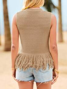 Saodimallsu Womens Crochet Crop Tops Sleeveless Fringe Crew Neck Boho Knit Summer Sweater Vest - 卡其色 - 查看 2