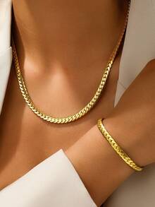 两件套不锈钢项链套装，蛇骨链元素，简约奢华金色精致女士日常通勤/派对/情人节礼物首饰 - 項鍊+手鍊 - 查看 1