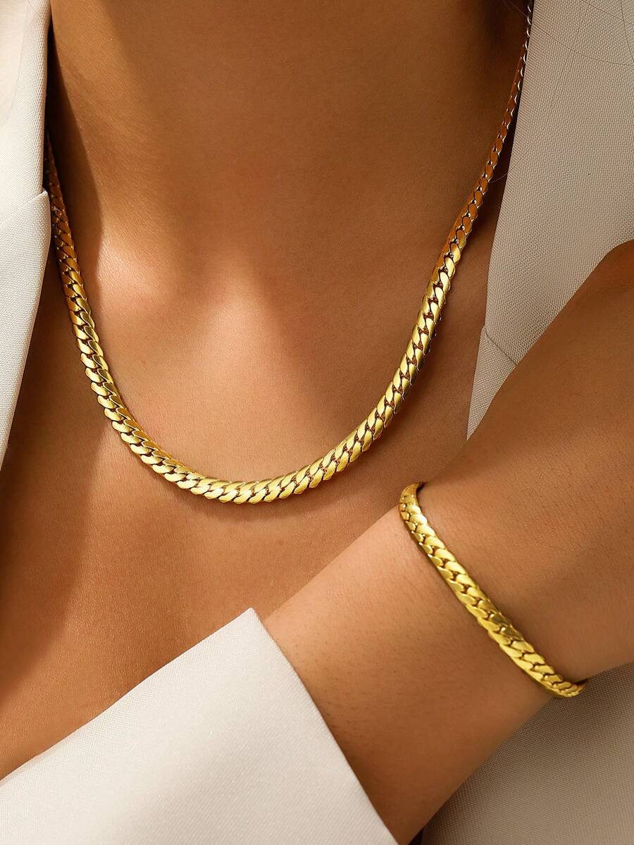 两件套不锈钢项链套装，蛇骨链元素，简约奢华金色精致女士日常通勤/派对/情人节礼物首饰 - 項鍊+手鍊 - 查看 1