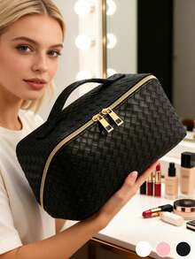 1 pieza Bolsa de maquillaje portátil de gran capacidad con compartimentos, diseño minimalista de moda con cremallera dorada, adecuada para almacenar cosméticos diarios, cuidado de la piel, artículos de tocador de viaje, se puede usar como regalo, accesorio de cremallera, bolsa, bolsa de maquillaje, viaje, organizador de cosméticos, bolsa de almacenamiento, artículos esenciales de viaje, bolsa de viaje para cosméticos, organizador de maquillaje, bolsa de tocador, bolsa de viaje, artículos esenciales de vacaciones, regalos para mujeres - Multicolor - Ver 2