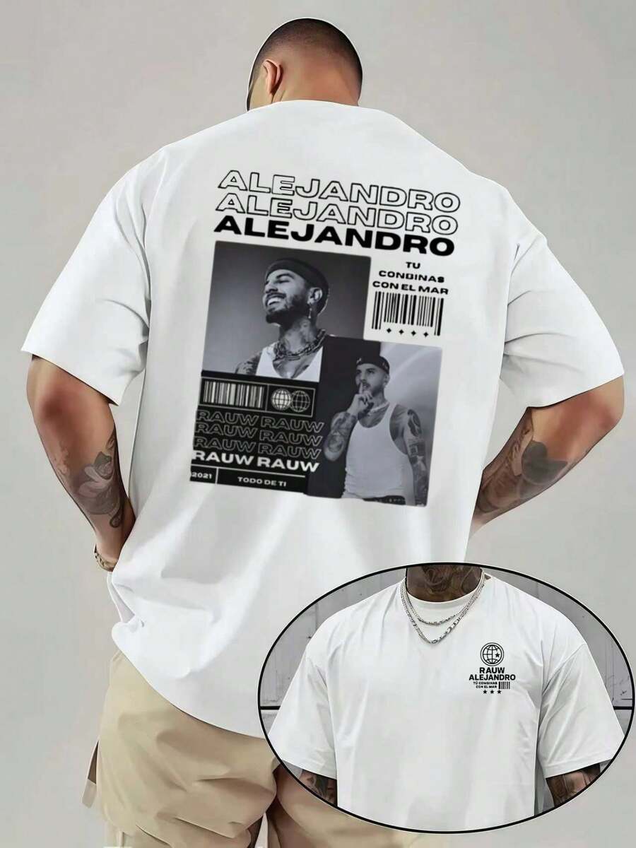 Men's T-Shirt With Alejandro Rauw, Men's T-Shirt With Double-Sided Print, Fashion, Casual, Crew Neck, 220 G/M2 Cotton (1 Piece) - White - View 1