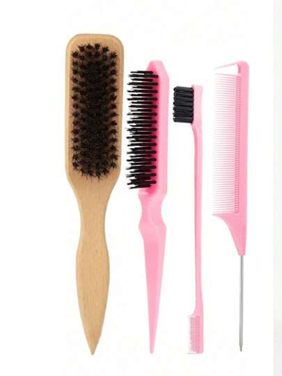 4件套造型梳套装，男女通用猪鬃顺滑后梳、胡须刷、美发造型工具，包括尖尾梳、双面发际线定型梳、眉刷、尼龙提拉梳，干净整洁的造型工具，适合打造蓬巴杜发型、侧分发型、卷发造型和抚平毛躁 | 男女通用，适合专业发型师和日常使用，旅行必备美发梳，梳子，日常必需品