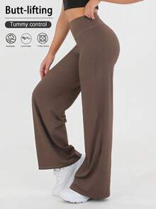 Women's Casual Sports Pants - High Waist Loose Casual Pants - Comfortable And Elastic Loose Pants Made Of Elastic Material - Straight Leg Pants With Hem For Spring And Summer Yoga Pants, Women's High Waist Elastic Casual Soft Straight Leg Pants - 咖啡棕 - 查看 7