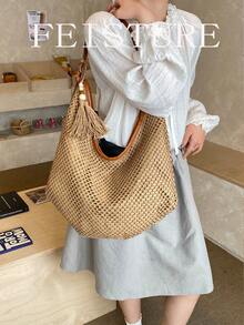 1pc FEISTURE Women's Tassel Woven Beach Bag, Casual Shoulder Bag For Summer Vacation - Khaki - View 8