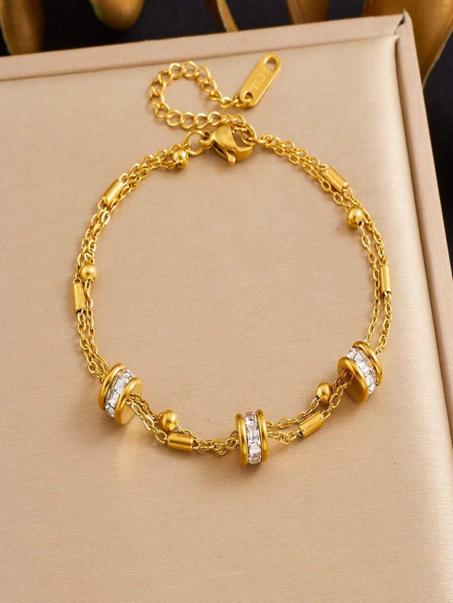 1 chiếc vòng tay charm tròn bằng thép không gỉ mạ vàng sang trọng, hai lớp, có thể xếp chồng lên nhau. - Vàng - Xem 1