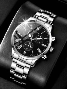 1 pieza Reloj de cuarzo de negocios de moda para hombres, esfera redonda minimalista, correa de tamaño fijo, mejor regalo y uso diario para hombres - Plateado - Ver 18