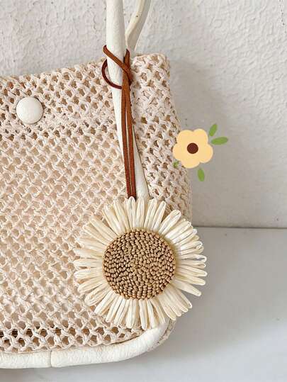 Accesorio de bolso de estilo bohemio de vacaciones de verano, etiqueta de nombre de flor de girasol tejida de rafia. Con correa de cuero genuino, accesorio de estilo bohemio de playa para mujeres, perfecto para bolsos de mano, bolsos, mochilas, espejos de coche y llaveros, elegante colgante decorativo de verano, regalo artesanal único para vacaciones y uso diario