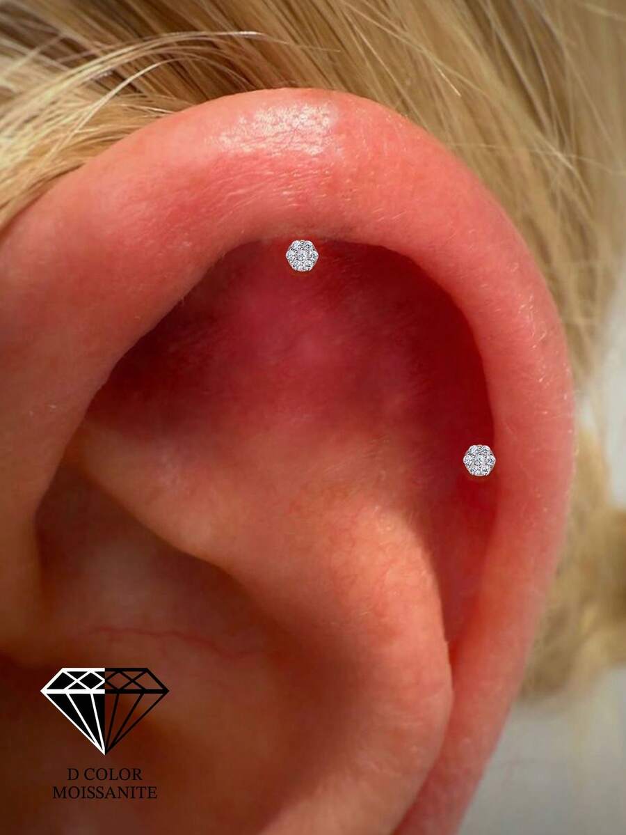 EleRunis 1PC 0.1ct Moissanite Diamond 925 Sterling Silver Round 18K Gold Plated Flat Back Cartilage Helix Threaded Piercing Fine Jewelry For Daily Wear Wedding Party Engagement Anniversary Valentine's Day - Silver - View 1