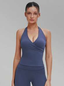 MFVIM 女士 V 领吊带瑜伽运动背心，交叉 V 领吊带设计，透气舒适，休闲运动上衣，适合户外跑步、骑行、普拉提、瑜伽、健身房锻炼等多种运动，多功能女士运动文胸 - 霧藍灰色 - 查看 8
