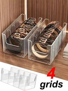 4-Grid Large Capacity Transparent Plastic Storage Box With Dividers, Desktop Makeup Organizer Box - High Capacity Multi-Function Storage Box, Suitable For Belts, Cosmetics, Vanity Table - Multicolor - View 1