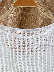 女士春夏镂空度假沙滩休闲宽松针织套头罩衫 - 白色 - 查看 3