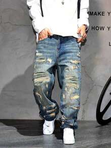Vintage American Streetwear Style Distressed Patch Loose Fit Wide Leg Jeans, Relaxed Straight Cut Denim Pants For Men - 中等水洗 - 查看 4