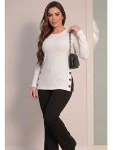 Long-Sleeved Blouse With Ribbed Cuffs And Button-Up Detail, Perfect For Covering Your Buttocks. - 白色 - 查看 2
