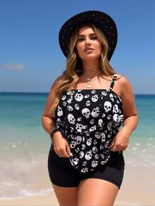 Large Conservative Split Swimsuit For Women, Loose And Not Tight, Punk Skull Print, Casual Vacation, Hot Spring Swimsuit - màu đen - Xem 2