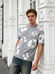 Men's Denim  Short-Sleeve Tears Top With Puffy Cotton Wreath Print  Summer Regular Style Print Short Sleeve - Grey - View 3