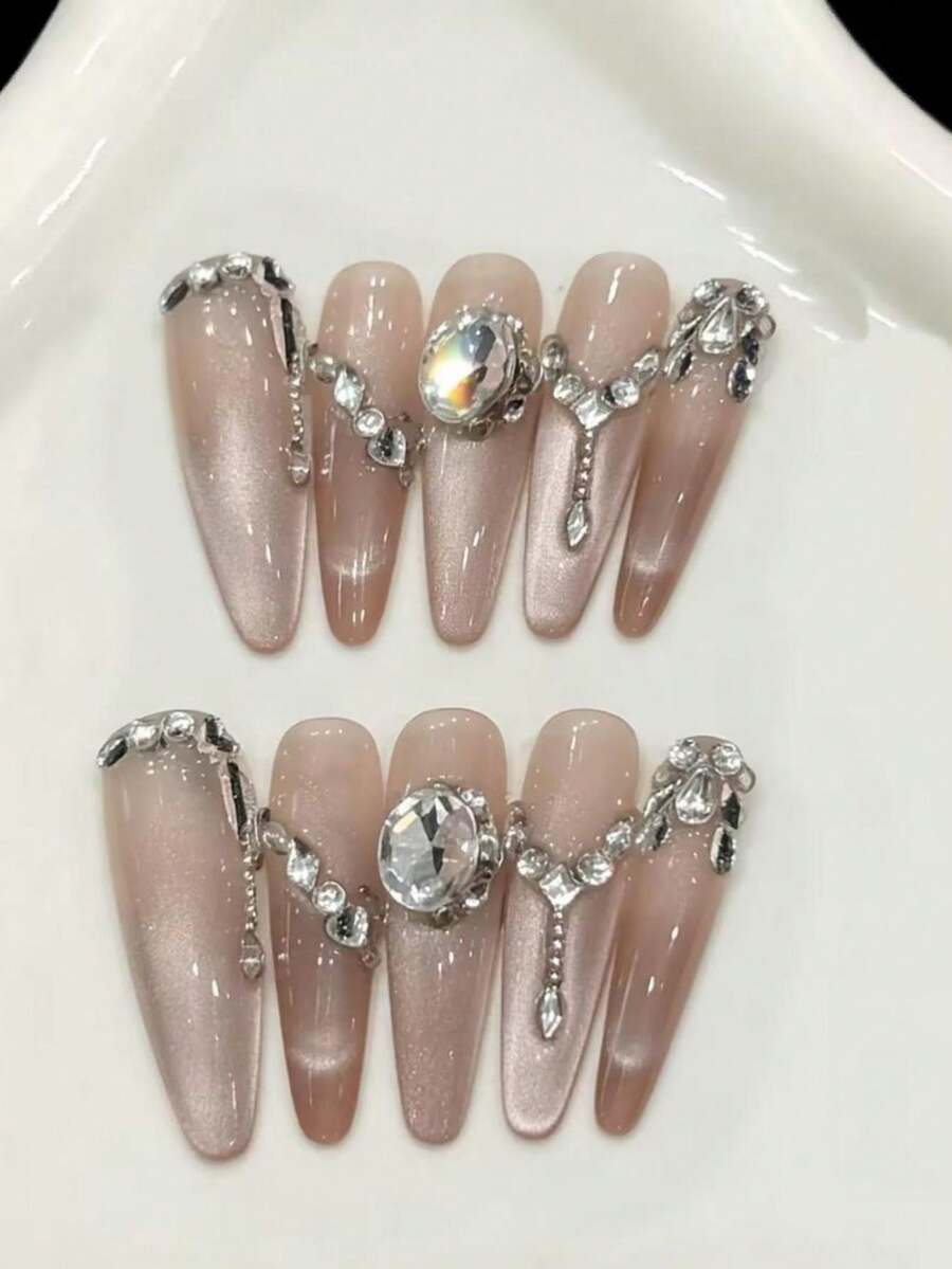 10片装长款尖头手工按压式美甲贴片，适合派对和日常佩戴，粉色美甲贴片，款式名称：粉红佳人优雅，闪亮猫眼，易于佩戴。10片装Y2K手工按压式美甲贴片，闪亮夺目，夏季美甲，夏季风格，适合女孩和女士参加节日派对和日常佩戴。