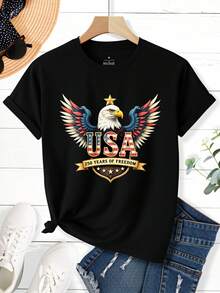 Casual Women'S V-Neck T-Shirt Featuring The USA Eagle And American Flag, Celebrating 250 Years Of Freedom, Perfect For Independence Day And The 250Th Anniversary. Machine Washable And Ideal For Everyday Wear - màu đen - Xem 2
