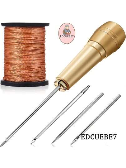 EDCUEBE7 5 piezas/set Aguja de tapiz con mango de cobre y 3 cabezas de aguja, carrete de hilo de nylon de 50m, herramienta para coser y lona a mano, reparación de zapatos y