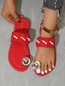Red Faux Pearl Flat Sandals, Fashionable Slip-On Sandals, Bohemian Style Flip-Flops, Versatile Casual Date & Holiday Flat Sandals - Rose Red - View 9