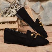 Zapatos planos casuales para mujer con decoración de cadena dorada, punta afilada, adecuados para uso al aire libre en primavera/otoño, trabajo y uso diario - Negro - Ver 4