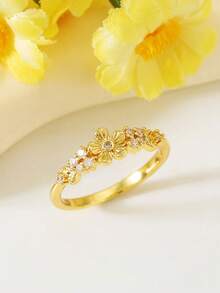 1枚时尚微镶立方氧化锆花朵装饰戒指，适合女性日常佩戴、婚礼、订婚、派对首饰、情人节礼物 - 金色 - 查看 2