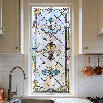 1pc Colorful Geometric Pattern Glass Sticker, Artistic Window Decor To Add Charm - Moisture-Proof, Heat-Insulating, Easy To Apply And Remove, Suitable For Bedroom, Bathroom, Study, Fashionable Self-Adhesive PVC Static Frosted Film, Dual Use For Home And Office
