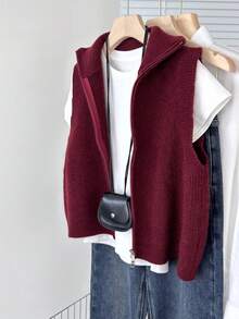 Autumn/Winter New Ribbed Knit Vest, Coffee Color, Sleeveless, Double Zipper, Casual Commute Layering Essential - Burgundy - View 2