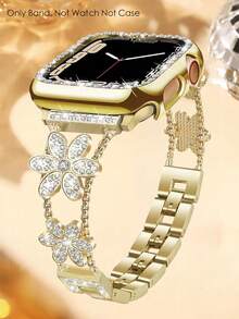 Watch Strap Women's Gold Chrysanthemum Flower Full Diamond Bracelet Compatible With Apple Watch Band 38/40/41/42/44/45/46/49mm, Luxury Chain Strap, Easy To Adjust, Suitable For Ultra/SE/Series 11/10/9/8/7/6/5/4/3/2/1, Summer Women's Accessory,Watch Strap Accessories - Gold - View 2