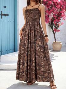 女士棕色波西米亚佩斯利印花吊带无袖梭织面料褶皱上身长款吊带连衣裙，无弹力喇叭下摆休闲夏季沙滩派对度假连衣裙（YY712） - 棕色 - 查看 6