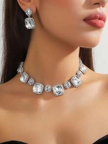 3pcs Elegant Geometric Rhinestone Necklace & Earrings Jewelry Set, Suitable For Wedding, Party, Gift For Family And Friends - Multicolor - View 2