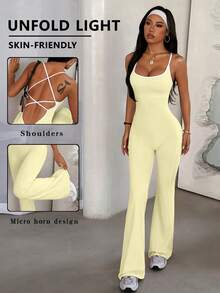 FWH Cross-Back Design With Abdominal Control And Bust Enhancement Effect | Flared Leg Hem Lifting And Lengthening Effect, Suitable For Office And Pilates, With Slimming Cross-Back Design, Built-In Abdominal Control, And Flared Leg Hem, Confident And Charming Activewear Jumpsuit From Office To Gym - Yellow - View 3