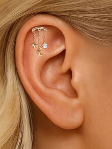 SereneSpark 1Pc 925 Sterling Silver Romantic Stars And Moon Synthetic Moonstone Piercing Tassel Stud Earring Flat Back Cartilage Helix Piercing Fine Jewelry Suitable For Women For Daily, Dates, Vacation, Wedding, Party, Holiday Gift - Gold - View 3