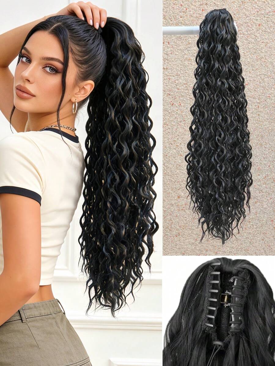26 Inch Wavy Curly Elastic Claw Clip Ponytail, Heat Resistant, Black - Multicolor - View 1