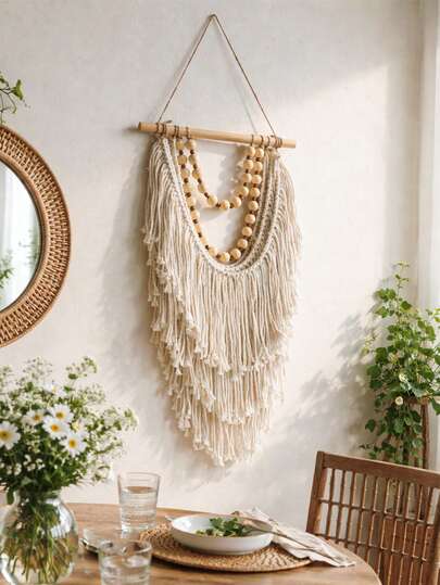 1 Tấm tranh treo tường dệt kiểu Boho, trang trí bằng hạt gỗ và tua rua, trang trí nhà cửa phong cách mộc mạc Bắc Âu với màu sắc trung tính, tranh nghệ thuật nhiều lớp, trang trí trong nhà cho phòng khách, phòng ngủ, lối vào, ký túc xá, căn hộ, nhà riêng, văn phòng, studio, tranh nghệ thuật trang trí nhà nông trại tối giản, phông nền tiệc cưới, quà tân gia.