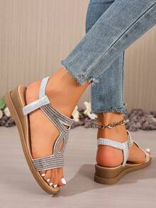 Summer New Rhinestone Decorated Casual Open Toe Thick Bottom Slippers, Comfortable Daily Outdoor Wear Wedge Platform Sandals For Women,Beach Shoes - Silver - View 4