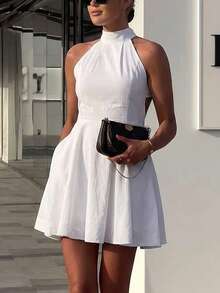 Women's Summer White Minimalist Casual Style Halter Backless Stand Collar Tie-Up A-Line Mini Dress With Side Pockets, Party & Holiday Elegant - White - View 2