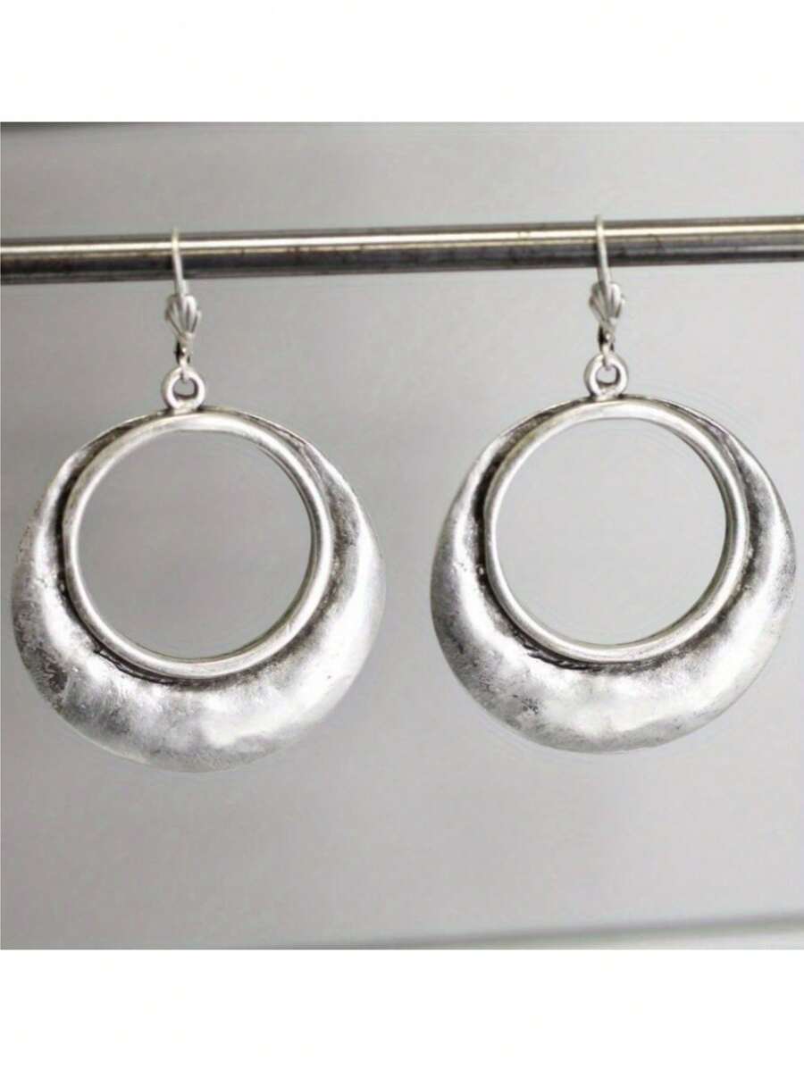 1 par de pendientes de aro grandes vintage y sencillos, pendientes bohemios, pendientes de plata, pendientes bohemios, pendientes de aro, joyería bohemia, regalo perfecto para las vacaciones - Plata antigua - Ver 1