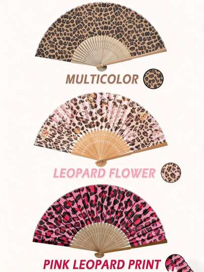 1pc Foldable Bamboo Hand Fan, Fabric Fan Surface, Leopard Print Pattern, Suitable For Party, Wedding, Wall Decor, Gift