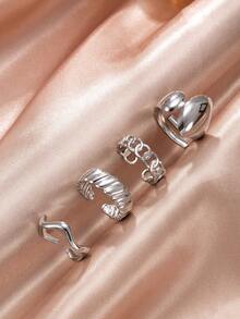 Set de 4 anillos de acero inoxidable elegantes para mujer, que incluye diseños de línea de ola y geométricos, estilo minimalista de lujo, adecuado para uso diario, festivales, citas, compromisos, bodas y fiestas - Plateado - Ver 2