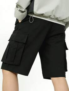 Plus Size Men's Black Cargo Shorts, Multi-Pocket Casual Street Style Practical Summer Shorts - Black - View 3