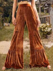 Boho Style High Waist Velvet Flare Pants, Tiered Ruffle Hem Wide Leg Trousers, Vintage Fall Winter Bottoms - 棕色 - 查看 13