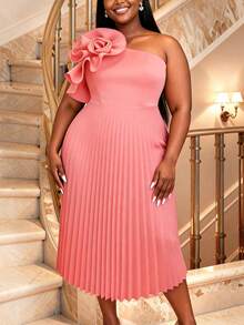 Vestido de verano talla grande rosa con un hombro, cuello oblicuo, plisado y rosa 3D, para graduación, festival, fiesta y cumpleaños - Rosa - Ver 5